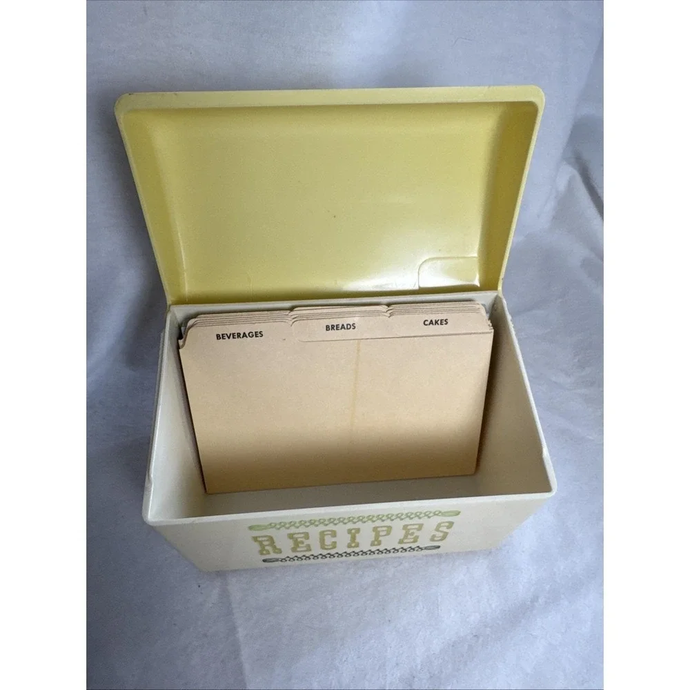 Vintage Mid-Century Modern Yellow Plastic Recipe Box with Assorted Recipe Cards